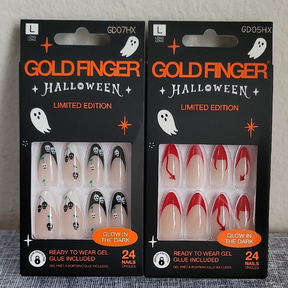Goldfinger Limited Edition Glue On Nails  Skulls Devil Red Black Long Almond New